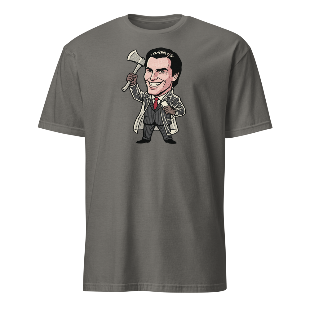 Wall Street Yuppie Axe Killer Pop Art Parody Tee — charcoal front view