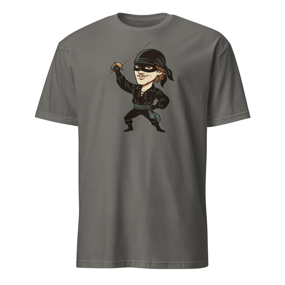 Masked Swashbuckler Vintage Pirate Poster Tee — charcoal front view
