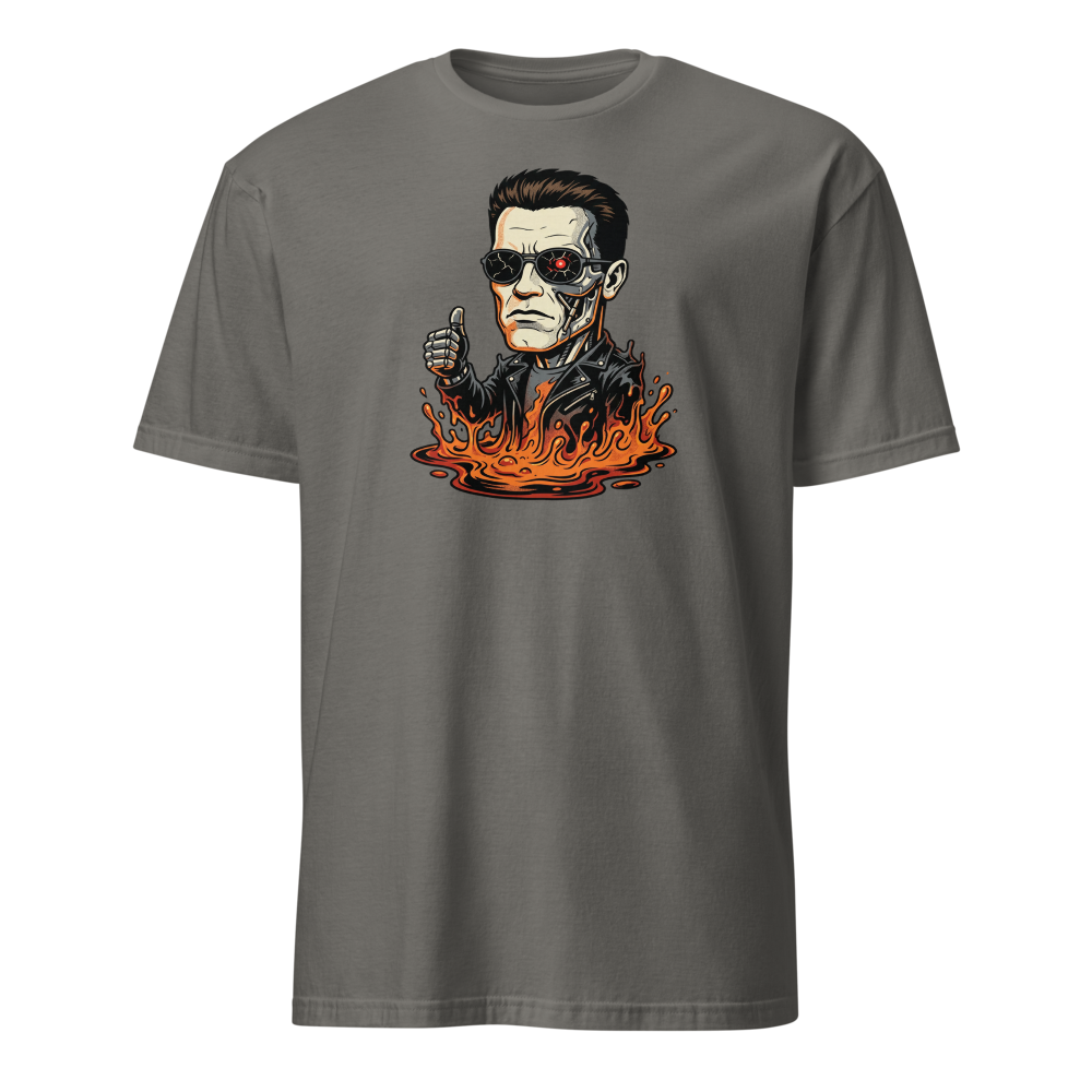 Molten Steel Thumbs Up Cyborg Comic Ink Tee — charcoal front view