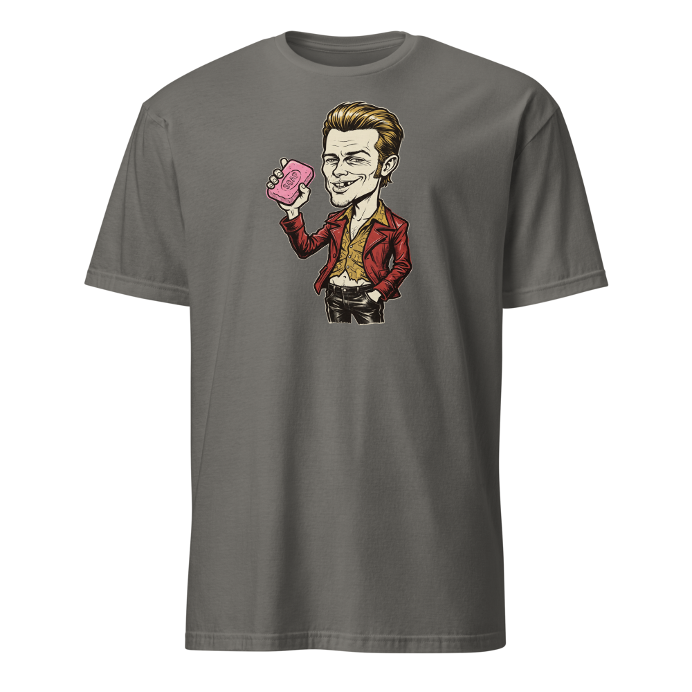 Soap-Pushing Anarchist Punk Caricature Tee — charcoal front view