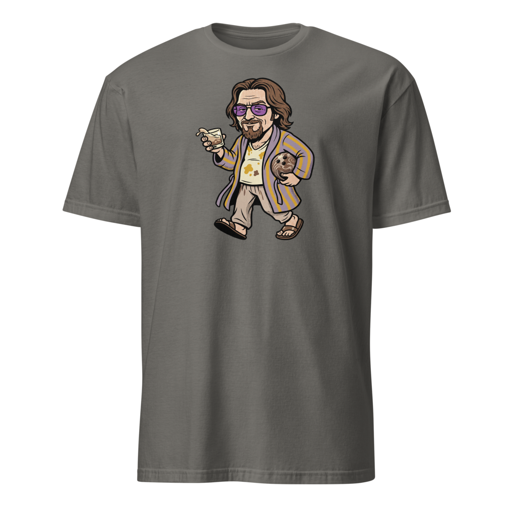 Slacker Bowling Bathrobe White Russian Pop Art Tee — charcoal front view