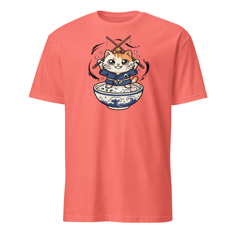 Chibi Ronin Chef Cat Chopstick Katana Anime Tee — coral silk front view