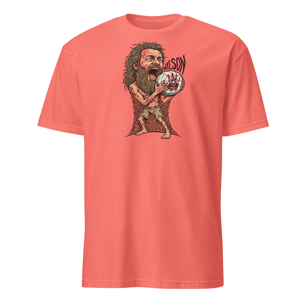 Stranded Castaway Volleyball Scream Gig Poster Tee — Men's Basic Tee — coral silk front view