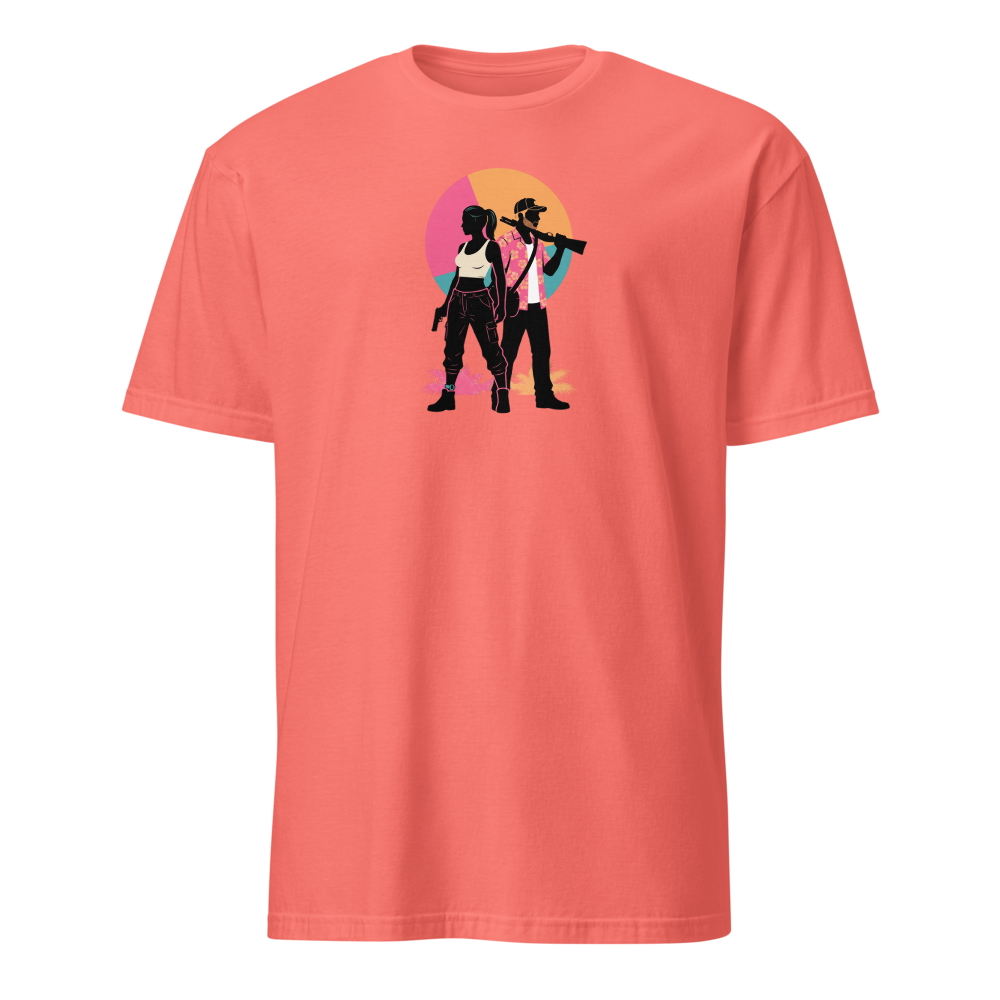 Outlaw Couple Neon Sunset Crime Duo Graphic Tee — coral silk front view