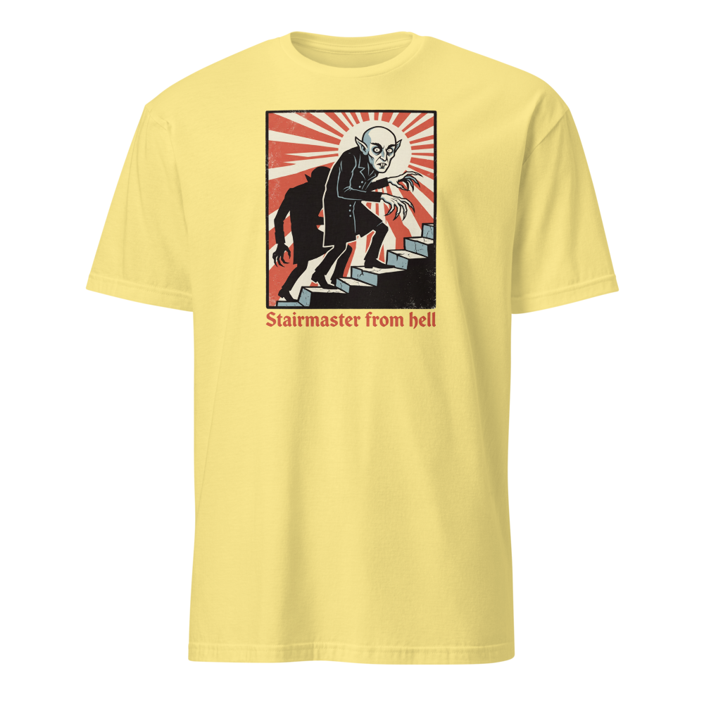 Stairmaster From Hell Vintage Vampire Horror Tee — Men's Basic Tee — cornsilk front view