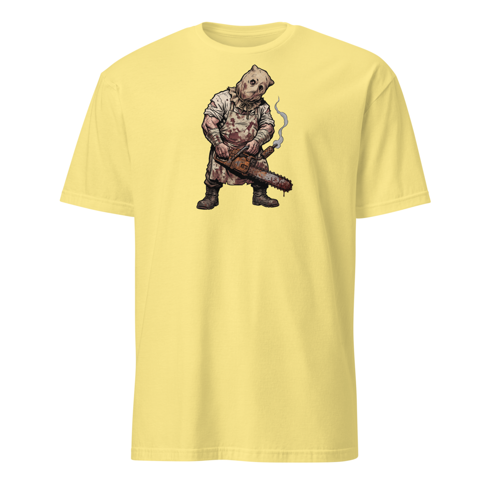 Sack Mask Chainsaw Executioner Horror Tee — cornsilk front view