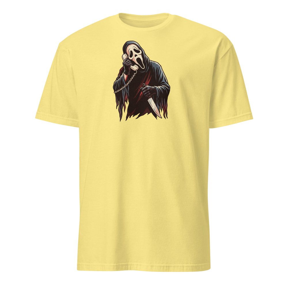 Masked Phone Caller On Hold Halftone Horror Tee — cornsilk front view