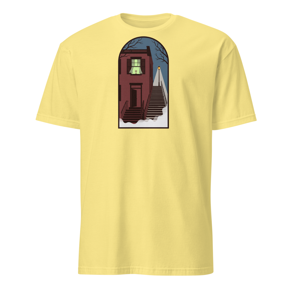 Haunted Row House Stone Stairs Horror Night Tee — Classic Tee — cornsilk front view