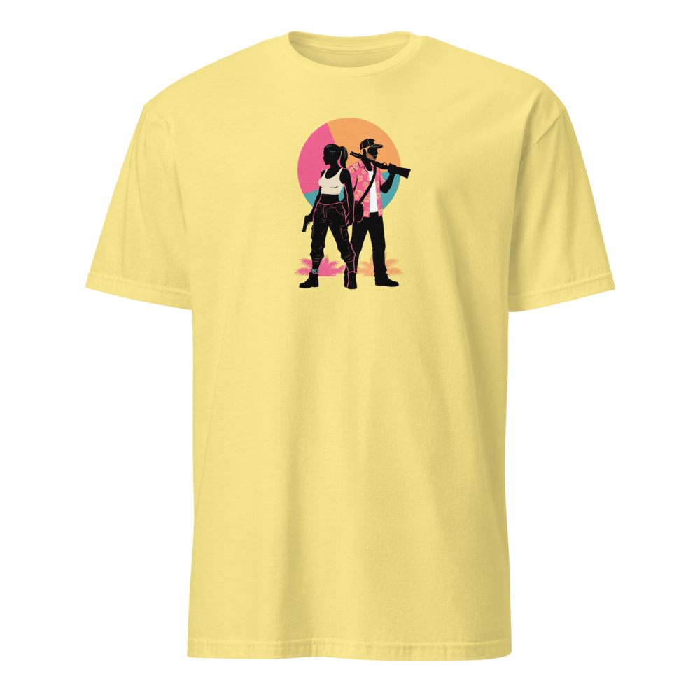 Outlaw Couple Neon Sunset Crime Duo Graphic Tee — cornsilk front view