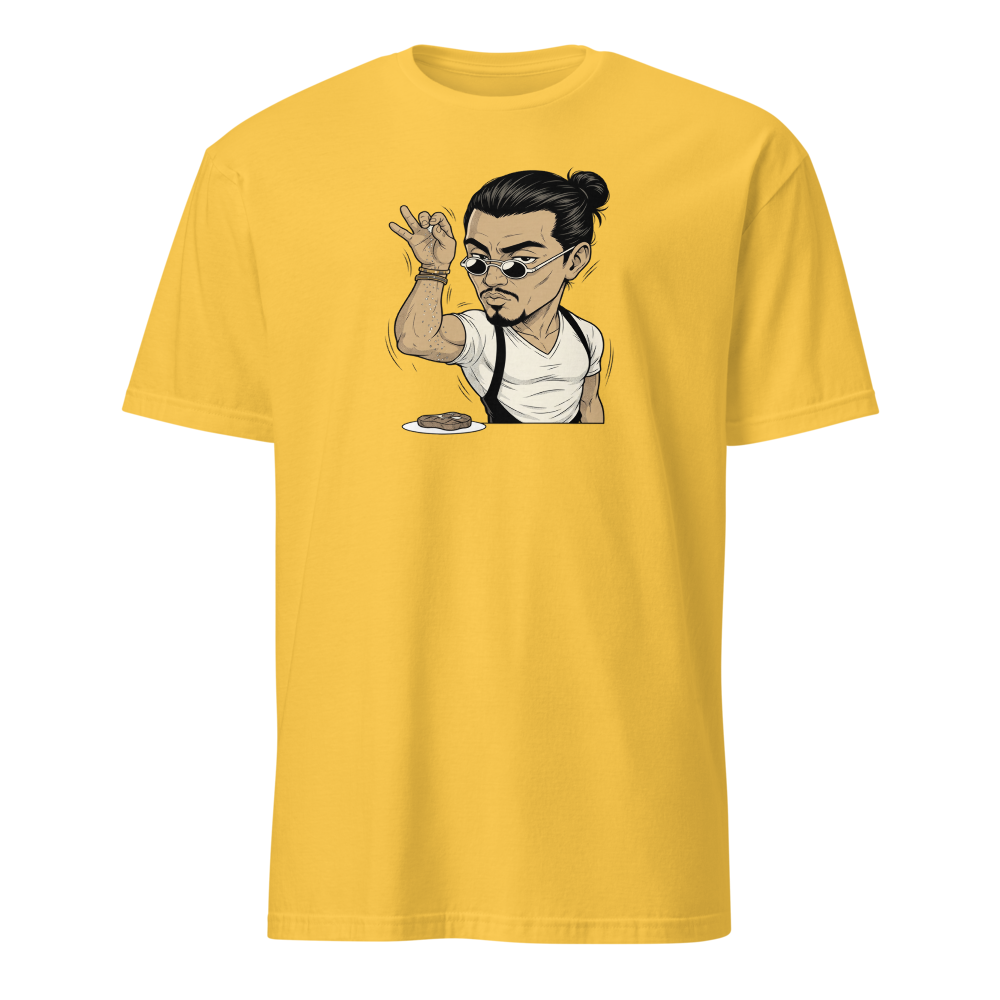 Smug Chef Salt Sprinkle Manga Line Art Meme Tee — daisy front view
