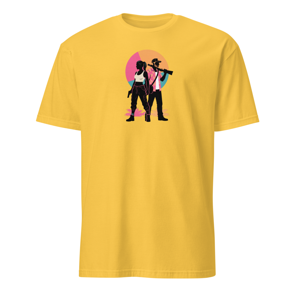 Outlaw Couple Neon Sunset Crime Duo Graphic Tee — daisy front view