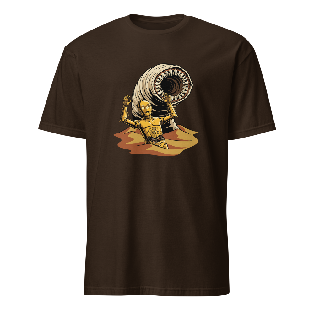 Golden Protocol Droid Desert Worm Peril Comic Tee — Men's Basic Tee — dark chocolate front view