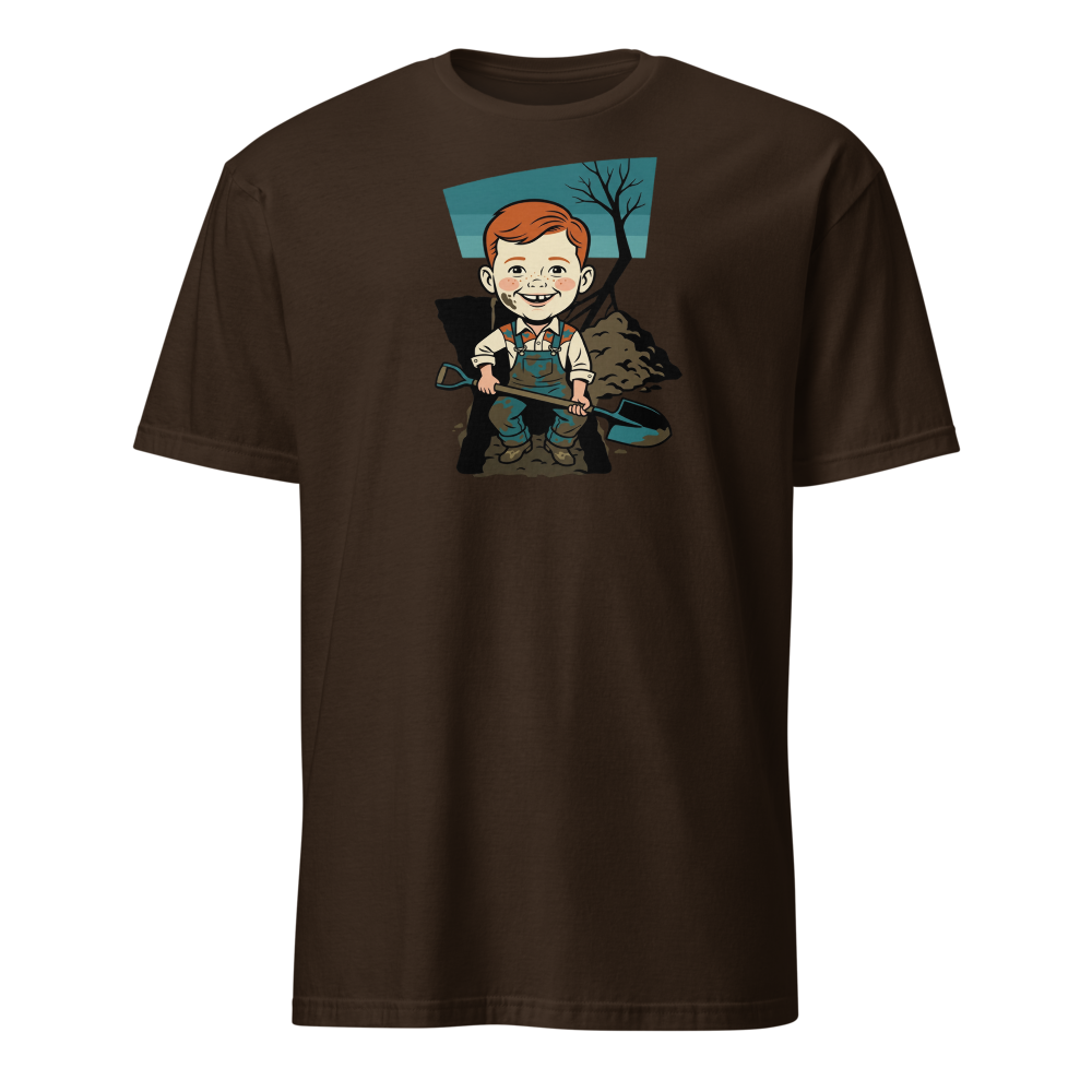 Suspicious Backyard Digger Vintage Poster Tee — dark chocolate front view