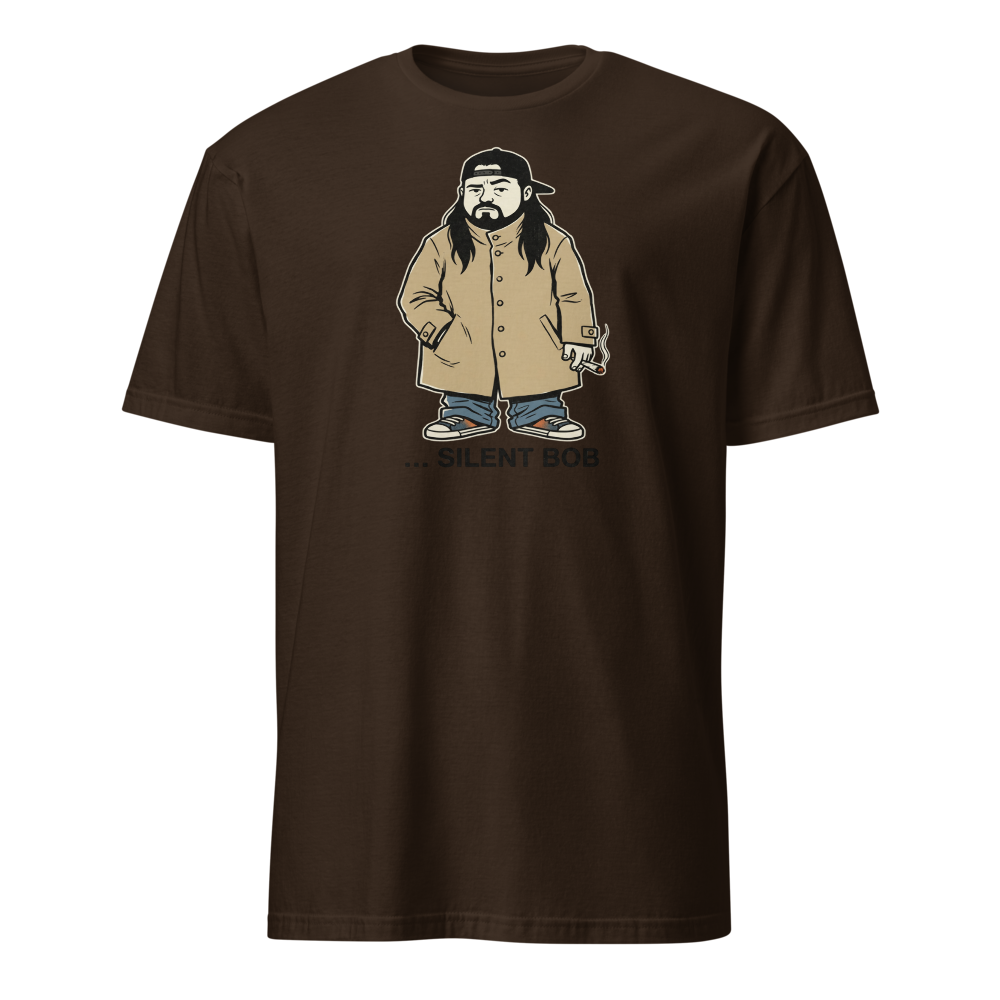 Silent Stoner Sidekick Trench Coat Punk Caricature Tee — Men's Basic Tee — dark chocolate front view