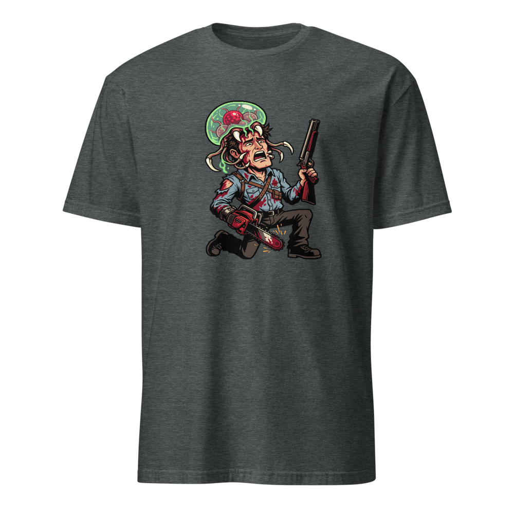 Cabin Horror Survivor vs Space Parasite Pixel Tee — Men's Basic Tee — dark heather front view