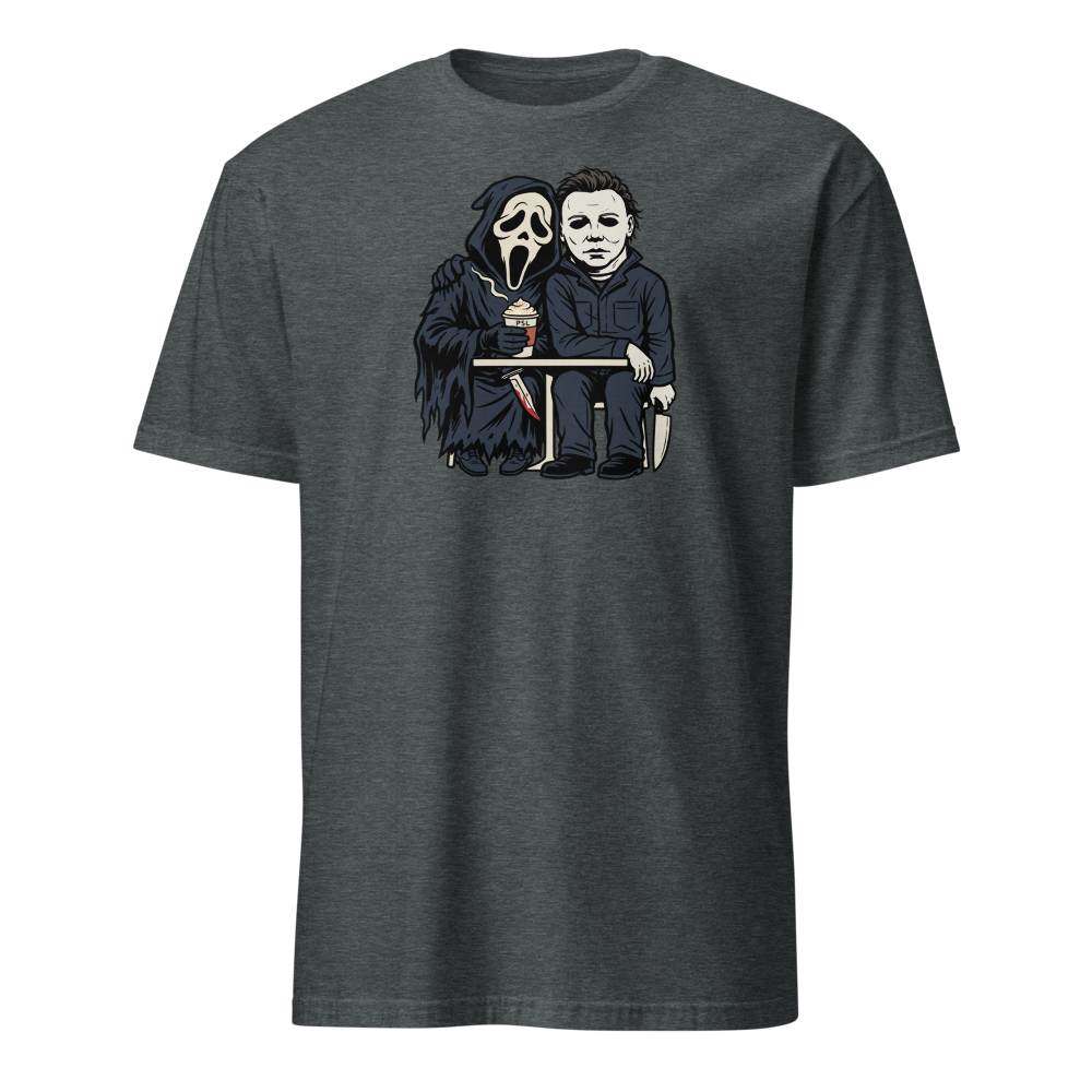 Masked Slashers Pumpkin Spice Latte Horror Tee — Men's Basic Tee — dark heather front view