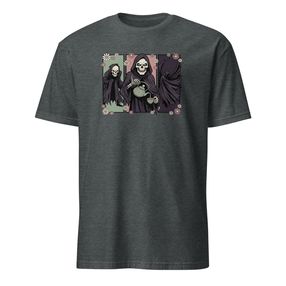 Skull Sorcerer Tea Time Comic Triptych Tee — dark heather front view