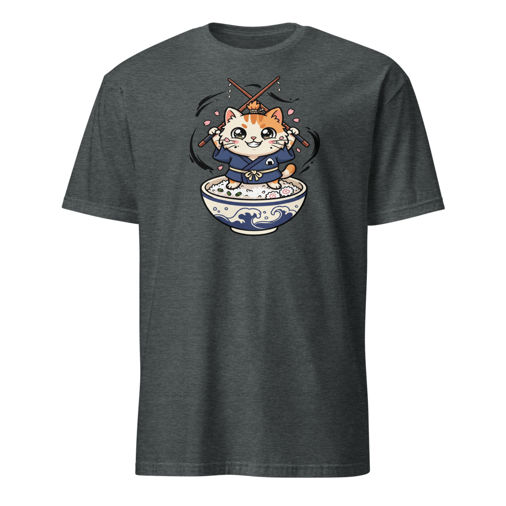 Chibi Ronin Chef Cat Chopstick Katana Anime Tee — dark heather front view