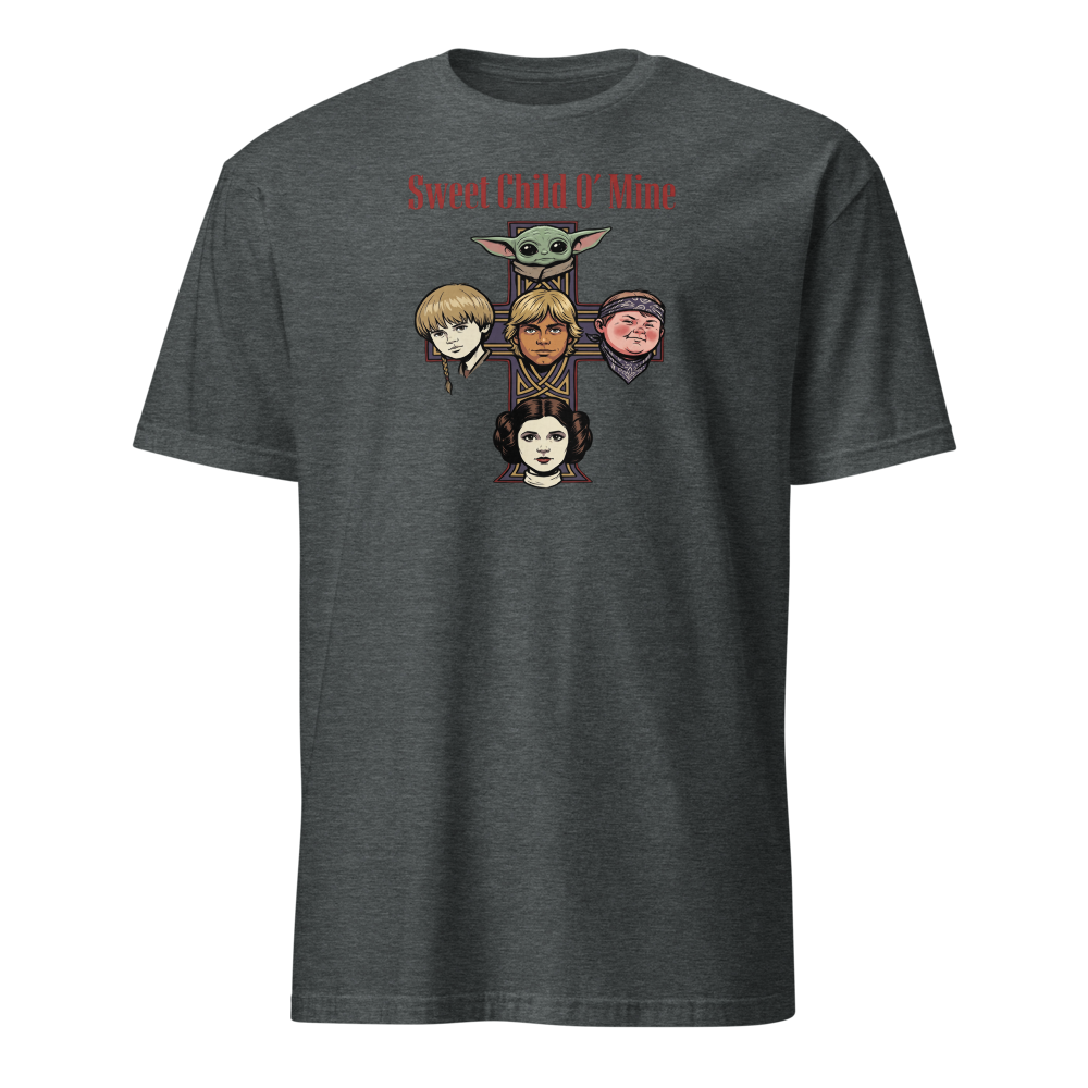 Sweet Child Sci-Fi Rock Cross album Parody Tee — dark heather front view