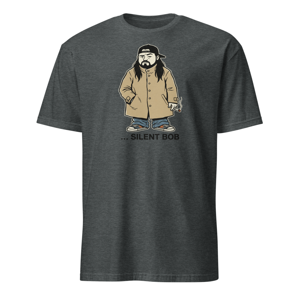 Silent Stoner Sidekick Trench Coat Punk Caricature Tee — Men's Basic Tee — dark heather front view
