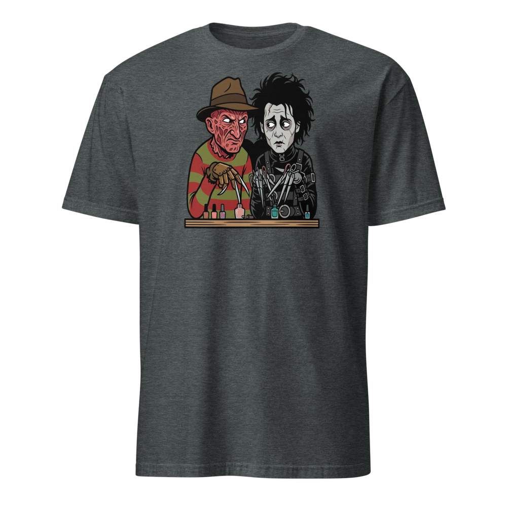 Bladed Villains Nail Salon Side-Eye Horror Tee — Men's Basic Tee — dark heather front view