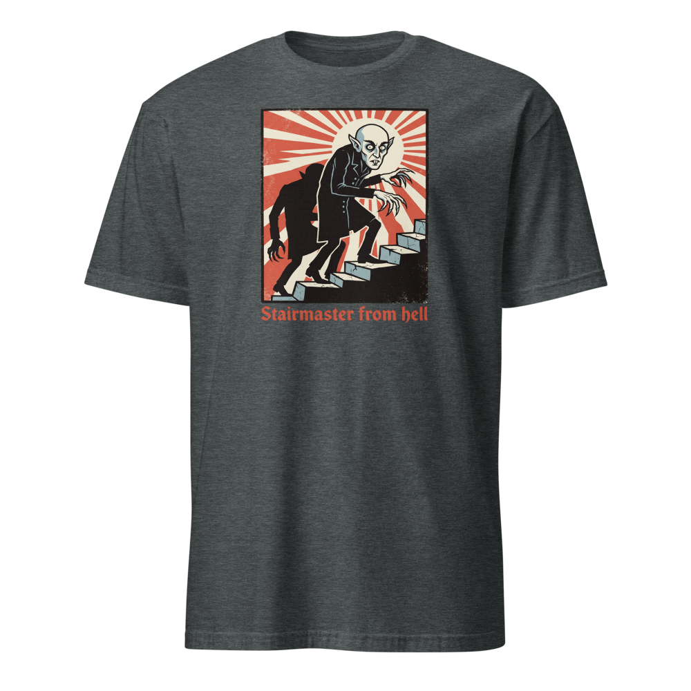 Stairmaster From Hell Vintage Vampire Horror Tee — Men's Basic Tee — dark heather front view