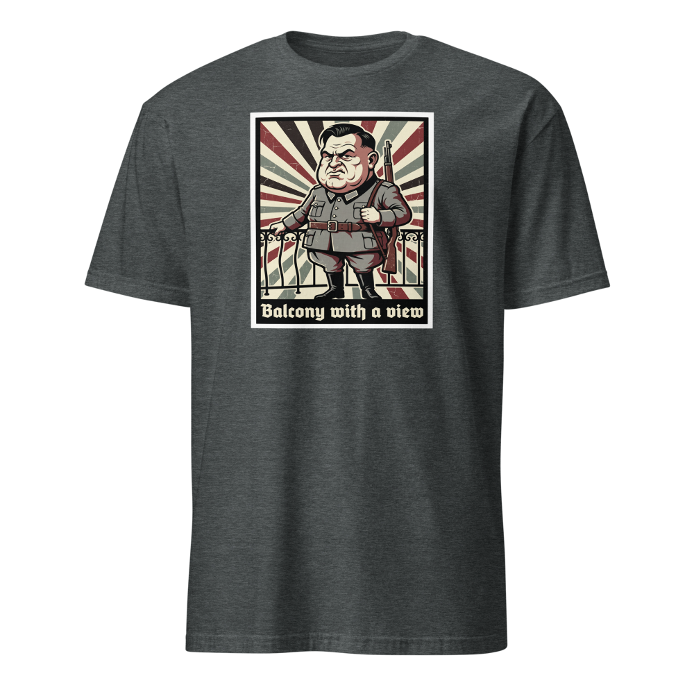 Balcony With A View Propaganda Villain Parody Tee — Men's Basic Tee — dark heather front view