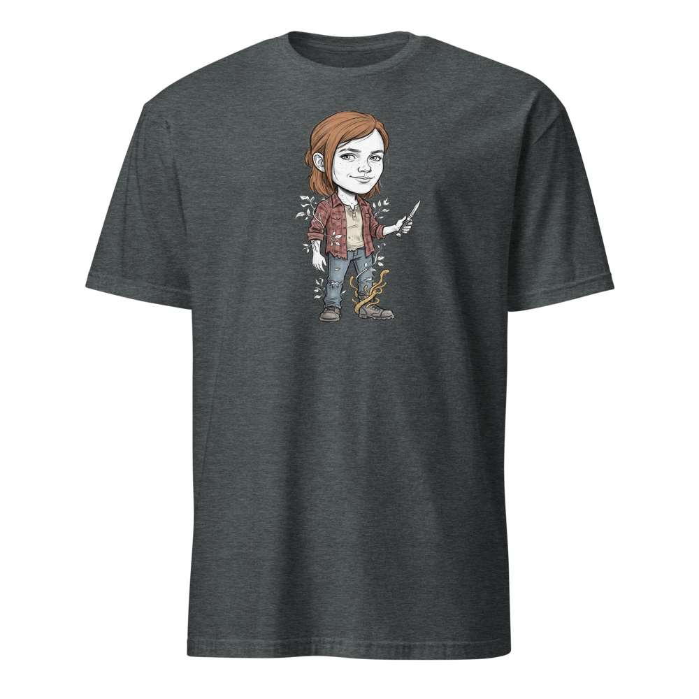 Post-Apocalyptic Survivor Girl Switchblade Sketch Tee — dark heather front view