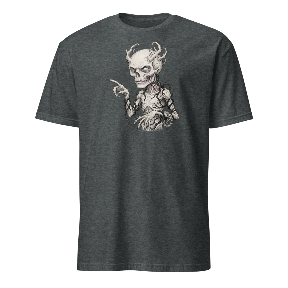 Vine-Wrapped Skull Villain Pencil Sketch Horror Tee — dark heather front view