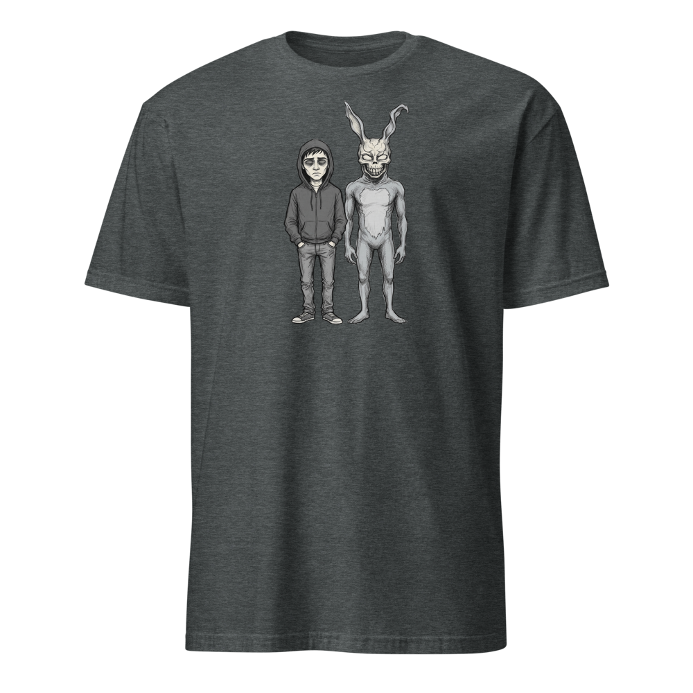 Doomed Teen and Demon Rabbit Sketch Cult Horror Tee — dark heather front view