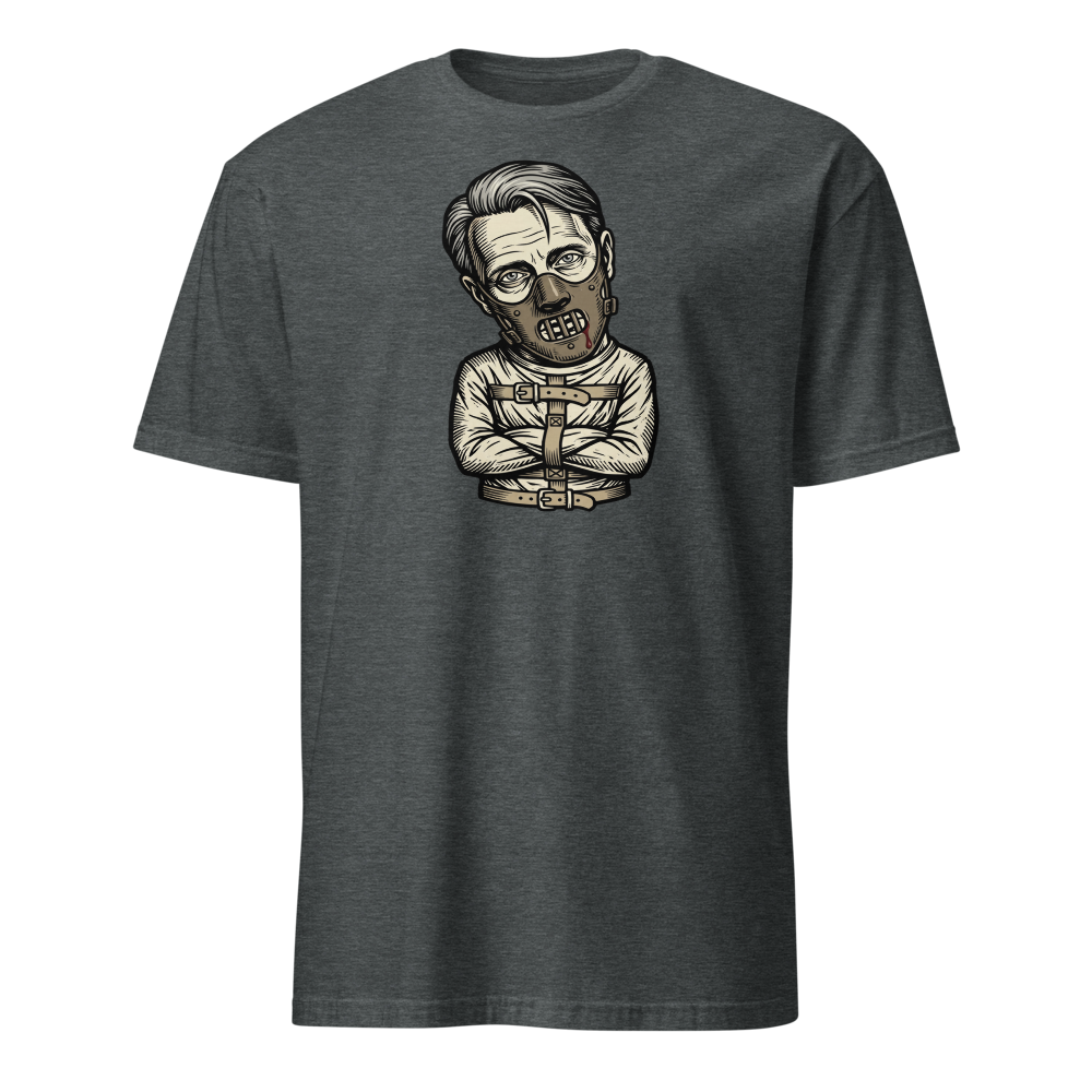 Polite Cannibal Muzzle Mask Linocut Horror Tee — Men's Basic Tee — dark heather front view