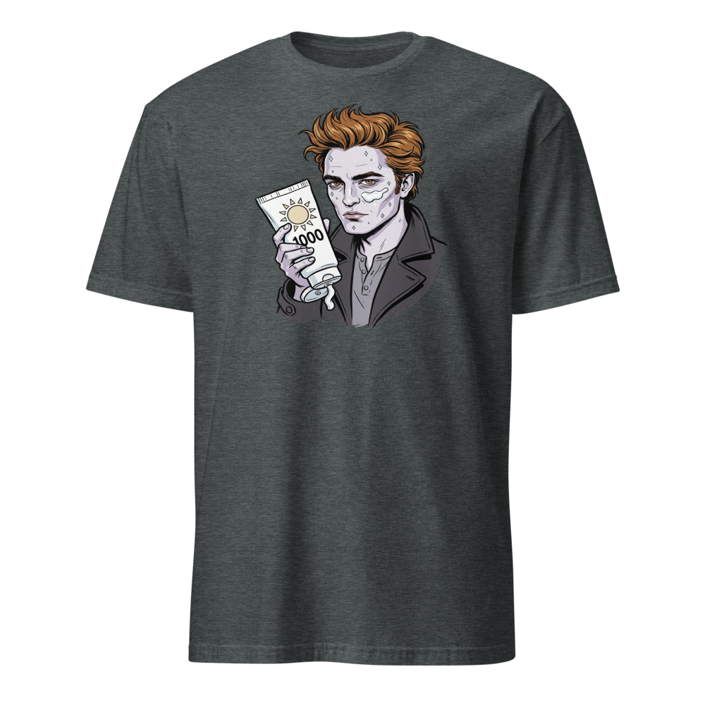 Sparkling Vampire SPF 1000 Sunscreen Parody Tee — Men's Basic Tee — dark heather front view