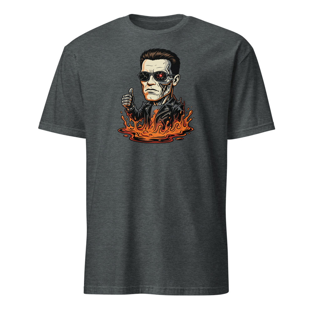 Molten Steel Thumbs Up Cyborg Comic Ink Tee — Men's Basic Tee — dark heather front view