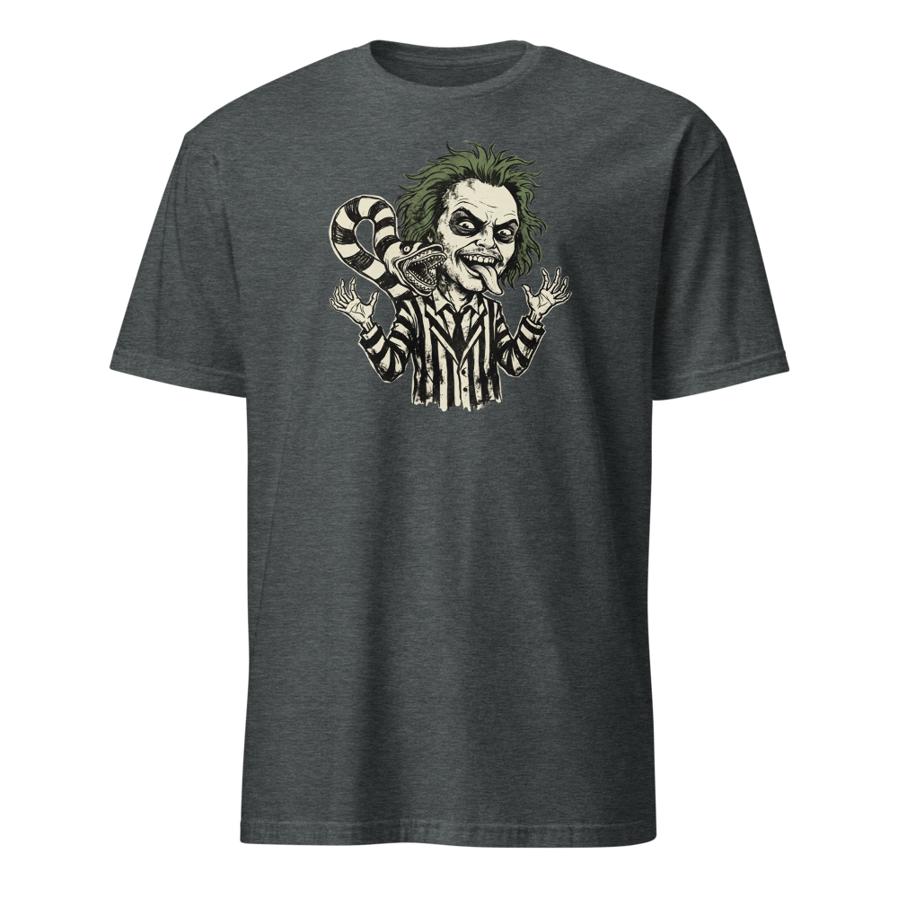 Bio-Exorcist Ghoul Pinstripe Punk Horror Comedy Tee — dark heather front view