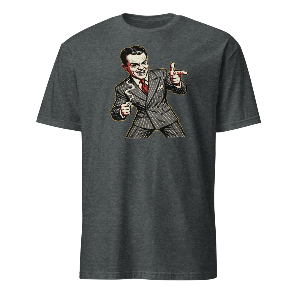 Pinstripe Gangster Finger-Gun Punk Caricature Tee — dark heather front view