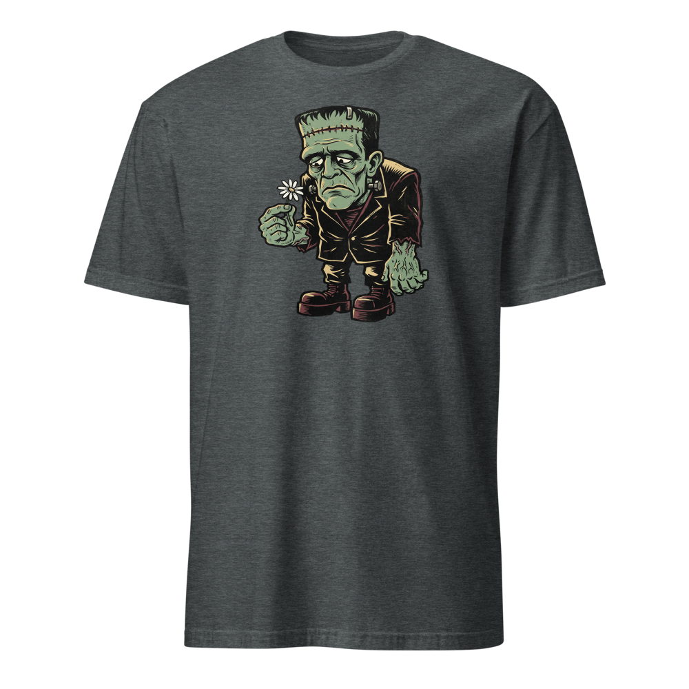 Confused Stitched Monster Holding Daisy Woodcut Tee — dark heather front view