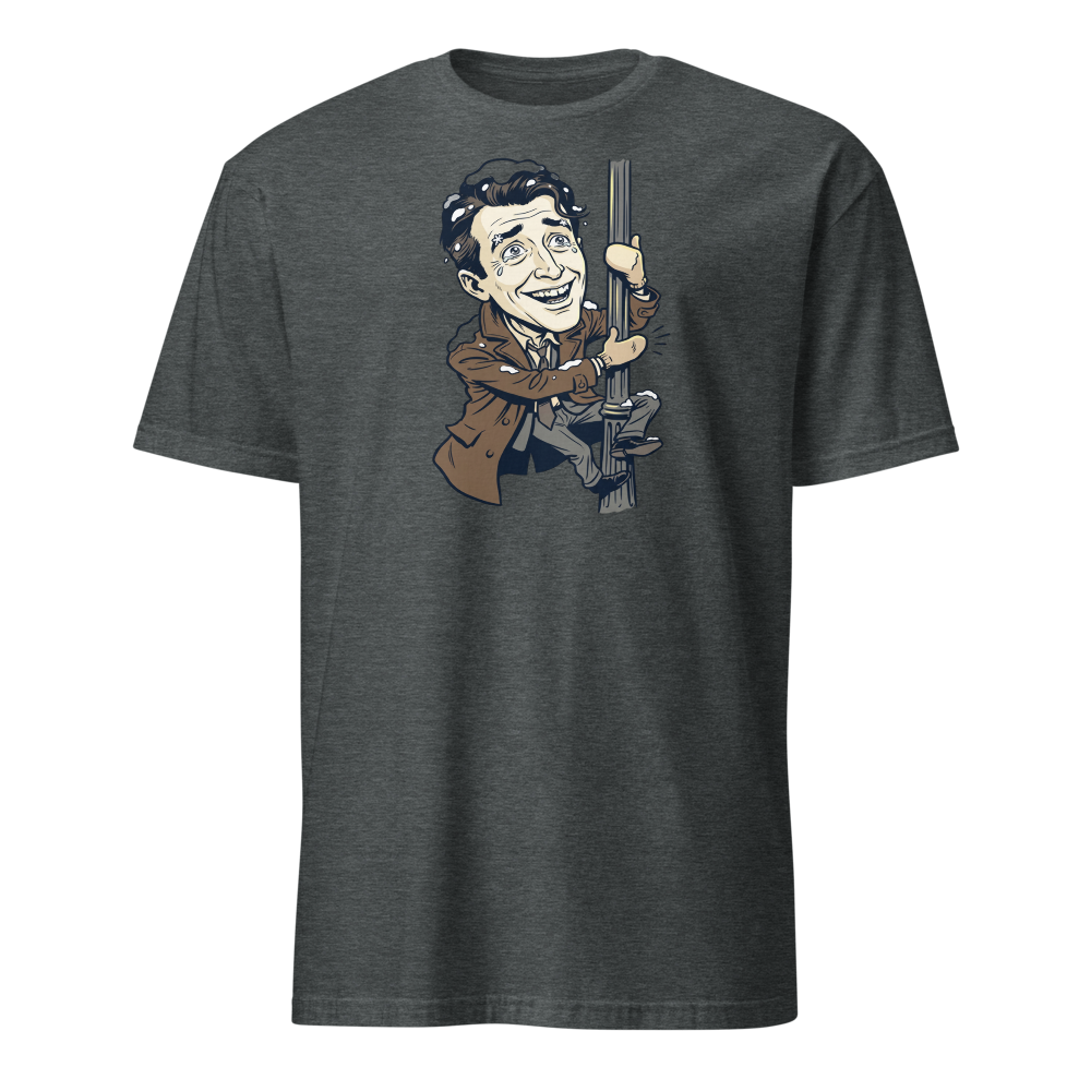 Snowy Lamppost Hug Christmas Movie Caricature T-Shirt — dark heather front view