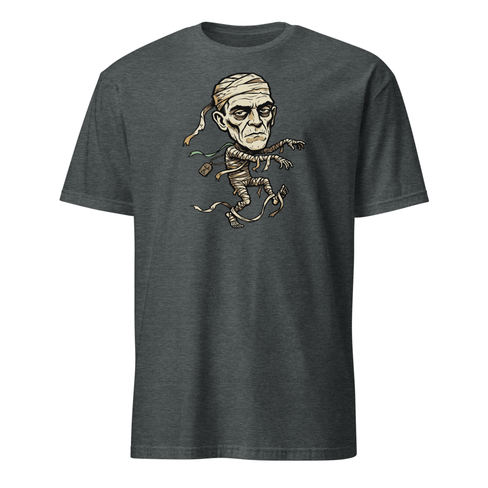 Tripping Mummy Woodcut Vintage Horror Tee — dark heather front view