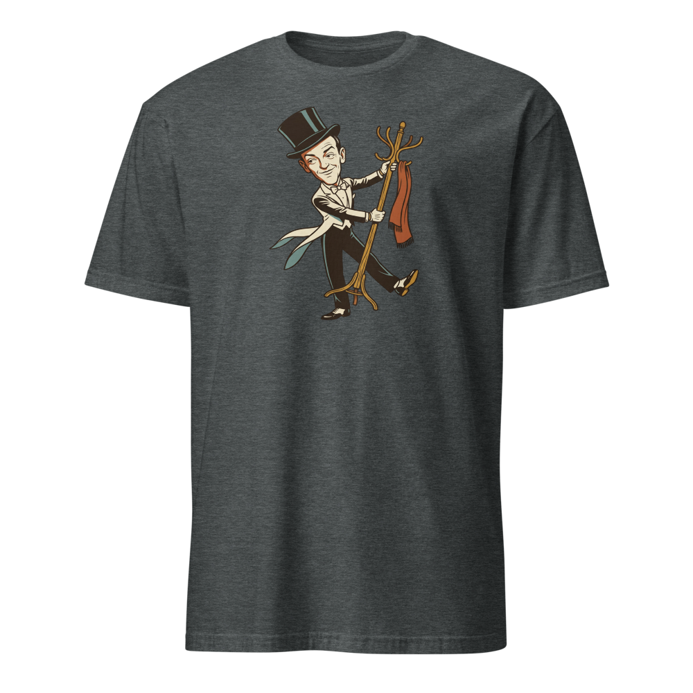 Top Hat and Tails Dancing Coat Rack Vintage Tee — dark heather front view