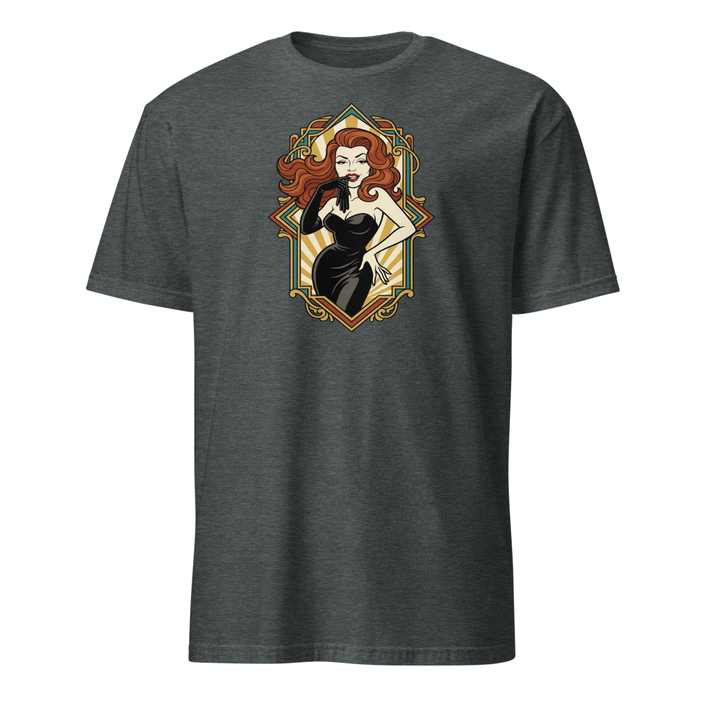 Jazz Age Femme Fatale Glove Peel Deco Tee — dark heather front view