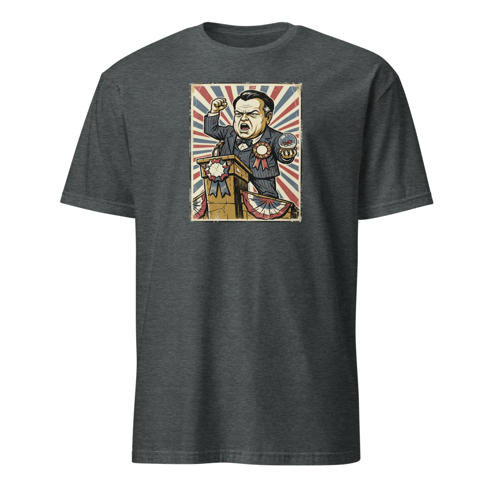 Rosebud Snow Globe Campaign Podium Propaganda Tee — dark heather front view