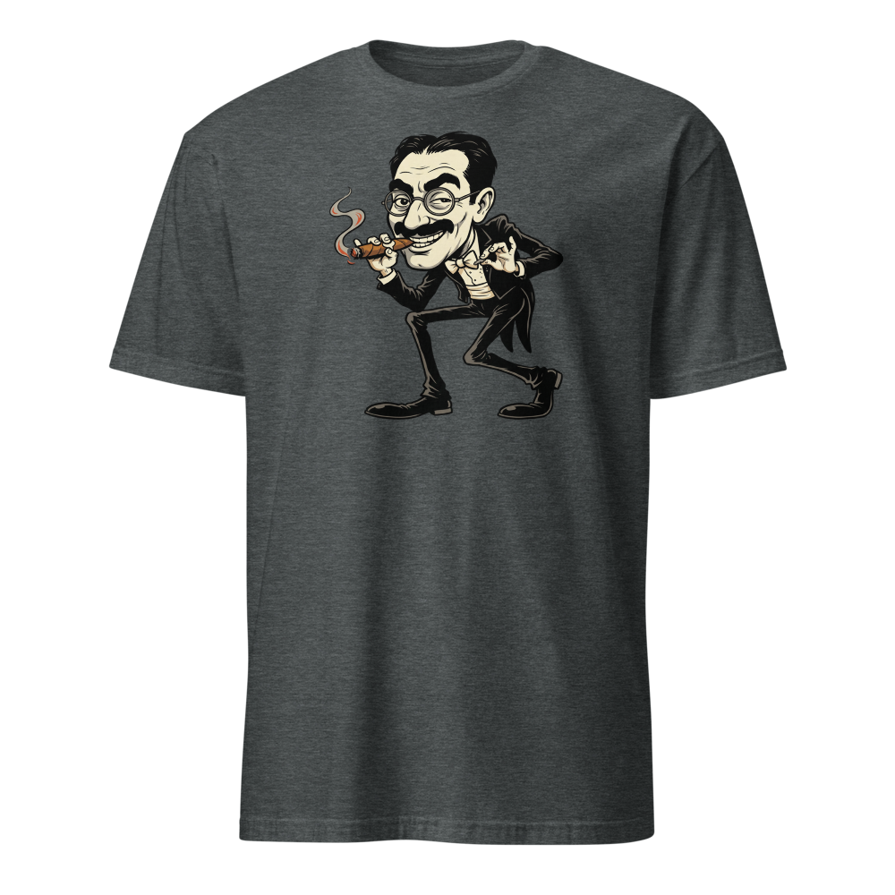 Sneaky Vaudeville Comedian Cigar Caricature Tee — dark heather front view