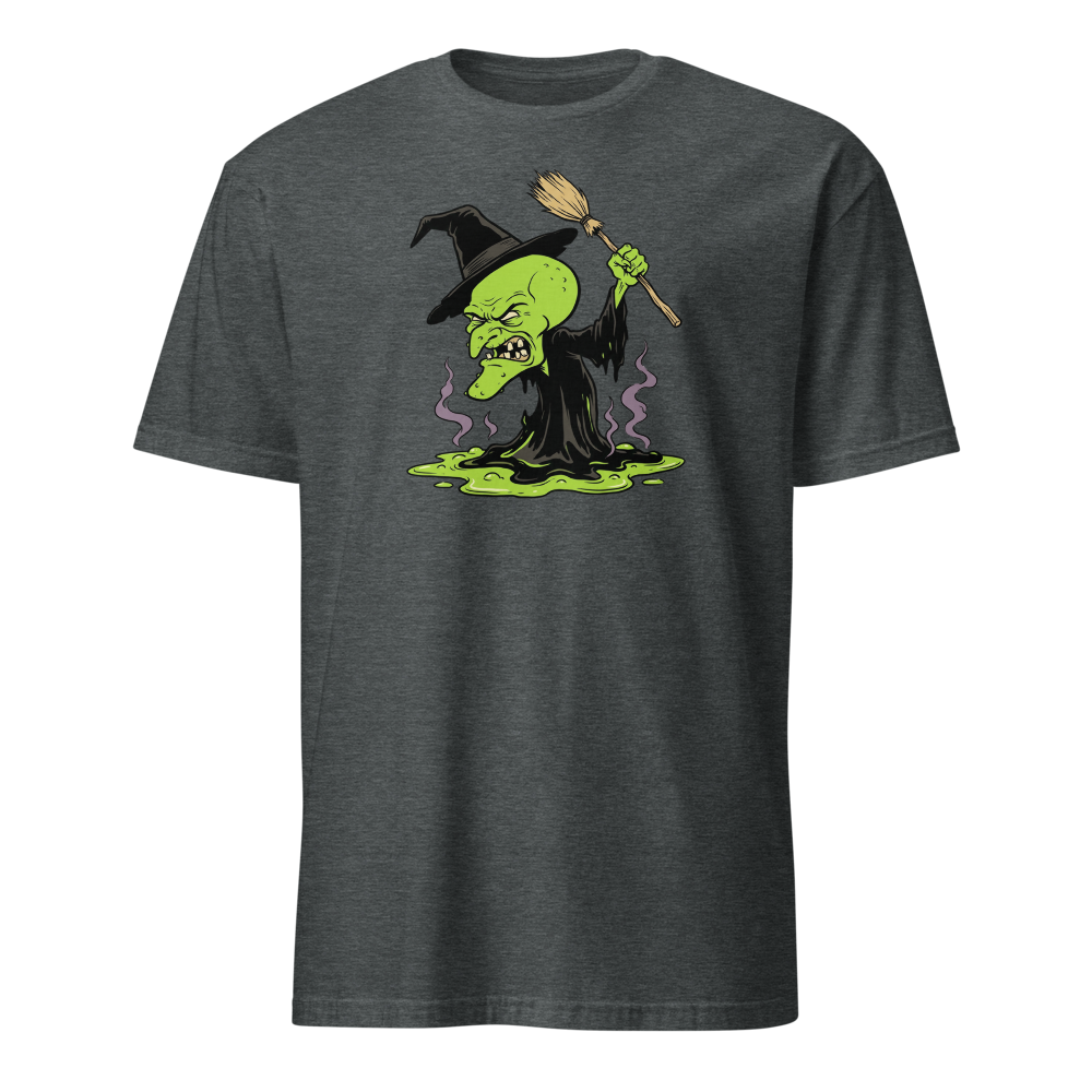 Melting Green Witch Editorial Cartoon Parody Tee — dark heather front view
