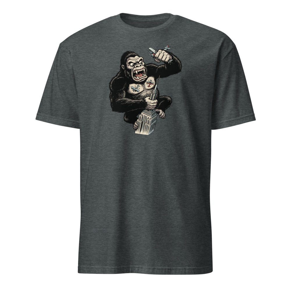 Giant Ape Skyscraper Biplane Smash Comic Tee — dark heather front view