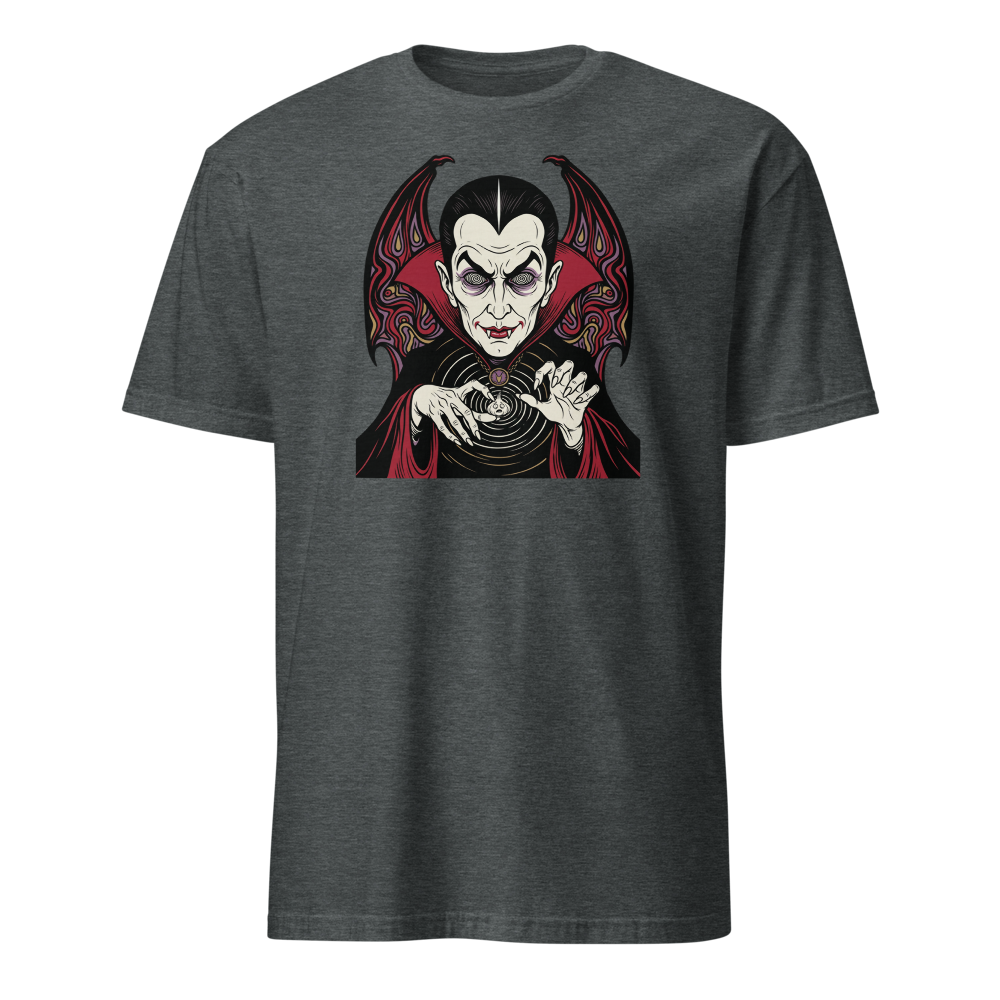 Caped Count Hypnotizes Garlic Psychedelic Horror Tee — dark heather front view