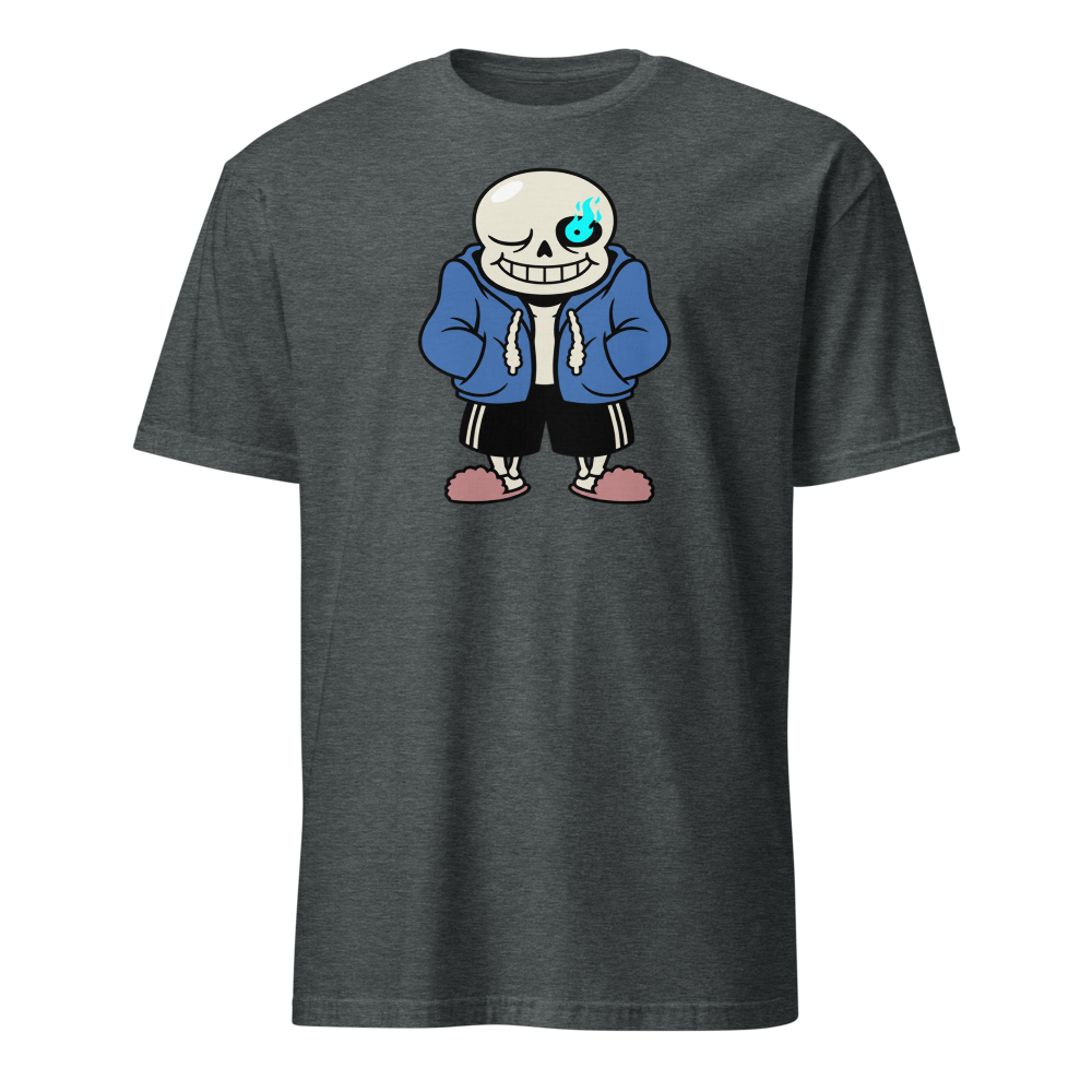 Lazy Skeleton Blue Hoodie Indie RPG Tee — dark heather front view
