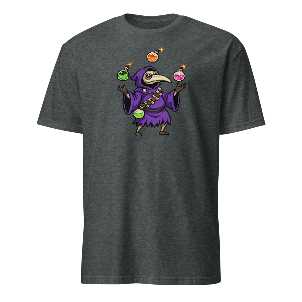 Hooded Pixel Alchemist Potion Juggler Retro Tee — dark heather front view