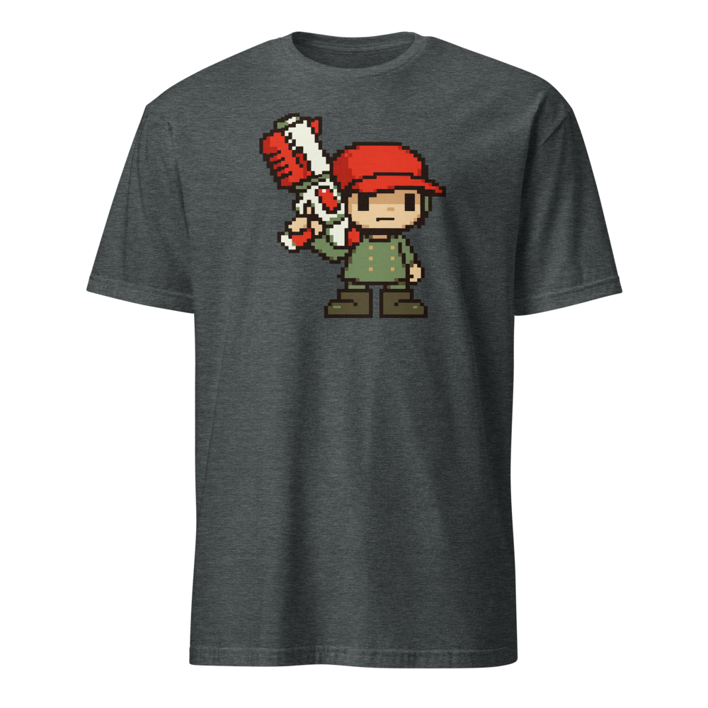 Silent Pixel Hero Oversized Blaster Retro Tee — dark heather front view