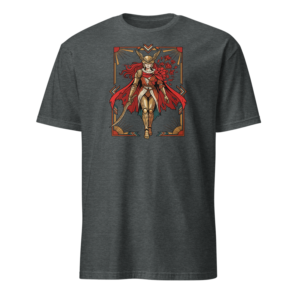 Deco Valkyrie Scarlet Bloom Knight Graphic T-Shirt — dark heather front view