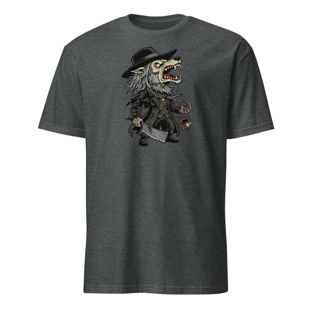 Beast Hunter Howling Tricorn Cleaver Comic Ink Tee — dark heather front view